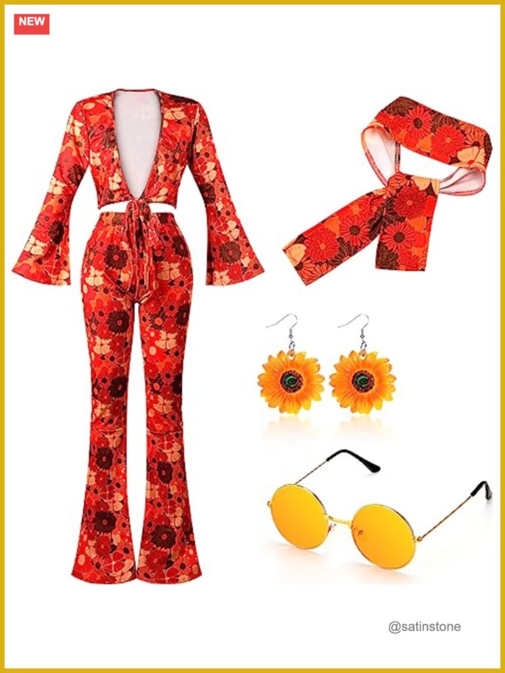 70s Disco Outfit Set Hippie Halloween Costume Women Bell Bottom Top